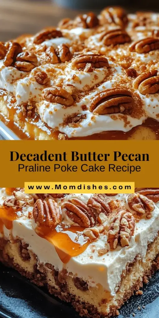 Indulge in the deliciousness of Butter Pecan Praline Poke Cake, a decadent dessert that combines rich, buttery flavors with a moist yellow cake. This easy-to-make poke cake is filled with a sweet praline mixture and topped with fluffy whipped cream, making it perfect for any occasion. Impress your guests with this irresistible treat that blends comforting nostalgia with a modern twist. Try it today! #PokeCake #ButterPecan #DessertRecipe #Baking #SweetTreats