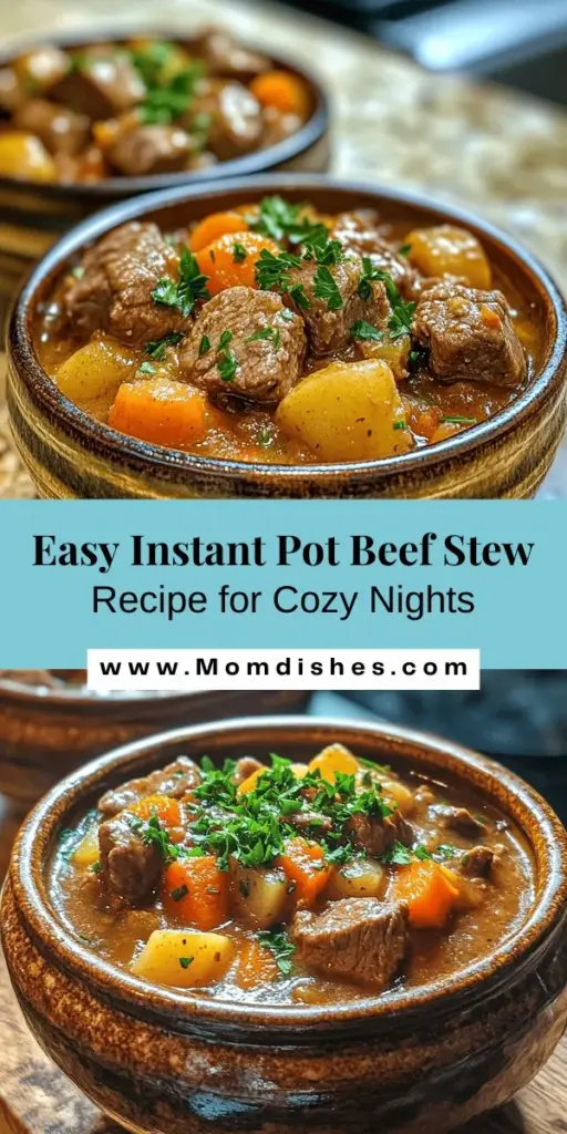 Warm up your evenings with this Hearty Instant Pot Beef Stew—a comforting classic that's perfect for any occasion! Enjoy tender chunks of beef simmered with fresh vegetables in a rich, savory broth. The Instant Pot makes it quick and easy, cutting down cooking time while enhancing flavors. Ideal for busy nights or cozy family dinners, this stew will surely become a staple. Discover the joys of comfort food today! #InstantPot #BeefStew #ComfortFood #HomeCooking #EasyRecipes #FamilyDinner #HealthyEating #Foodie #RecipeOfTheDay