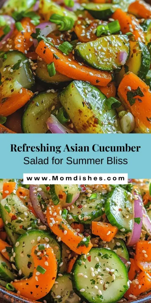 Cool off this summer with a Crunchy Refreshing Asian Cucumber Salad! This vibrant dish is packed with hydrating cucumbers, zesty dressing, and crunchy carrots, making it the perfect side for any meal. Quick to prepare and bursting with flavor, it's great for gatherings or a light lunch. Enhance your dining experience with a refreshing drink and enjoy the health benefits of fresh veggies. Try it today! #CucumberSalad #SummerRecipes #HealthyEating #AsianCuisine #RefreshingSalad #Foodie #EasyRecipes