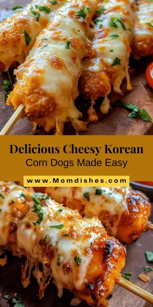 Discover the delicious world of cheesy Korean corn dogs with this easy recipe! This mouthwatering treat combines juicy hot dogs or mozzarella sticks with a crispy, chewy batter and gooey cheese. Customize with your favorite toppings for a fun twist on a classic snack! Perfect for gatherings or a cozy night in, these corn dogs bring a taste of Korean street food right to your kitchen. Try making them today! #KoreanCornDog #CheesyGoodness #StreetFood #HomemadeDelight #FoodieAdventure