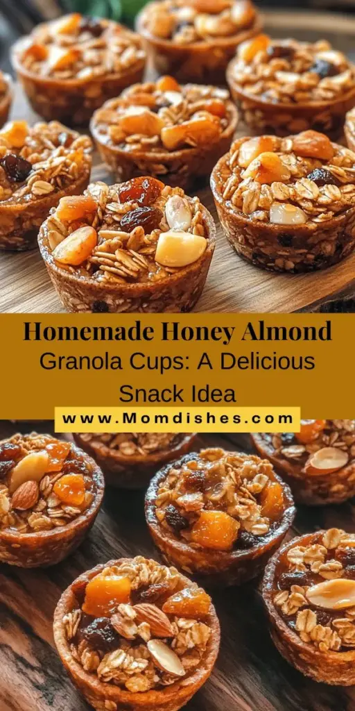 Discover the joy of making your own Honey Almond Granola Cups! These delicious, nutritious snacks are perfect for busy days and can be easily customized to fit your taste. Packed with rolled oats, crunchy almonds, and natural honey, they offer a sweet, nutty flavor that’s hard to resist. Great for breakfast, lunch, or as a healthy treat, homemade granola cups are simple to make and will keep you energized throughout the day. Try them today! #HomemadeSnacks #GranolaCups #HealthyEating #SnackIdeas #EasyRecipes #Granola #YummySnacks