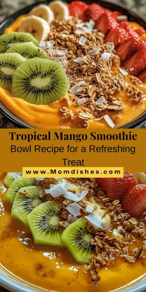 Experience a slice of tropical paradise with this creamy mango smoothie bowl recipe! Packed with ripe mangoes, frozen bananas, coconut yogurt, and almond milk, this bowl is as nutritious as it is delicious. With vibrant toppings like fresh fruit and granola, it’s a perfect breakfast or afternoon snack. Dive in for a refreshing treat that’s simple to make and bursting with flavor. #MangoSmoothieBowl #HealthyEating #TropicalVibes #SmoothieBowl #BreakfastInspo #HealthyRecipes