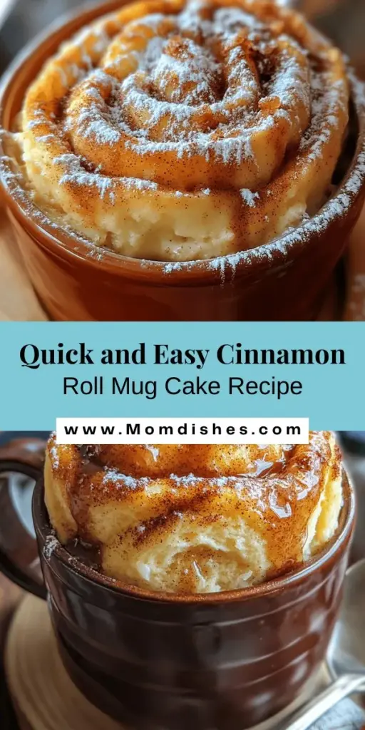 Satisfy your sweet tooth in minutes with this Instant Cinnamon Roll Mug Cake! Enjoy the perfect blend of warm, comforting flavors and quick preparation. Ideal for a cozy night in or a tasty treat for friends, this recipe is easy to make and clean up. Just mix, microwave, and indulge. Whether you top it with icing or enjoy it plain, it’s a delicious way to enjoy dessert without the effort. #MugCake #CinnamonRoll #QuickDessert #EasyRecipes #SweetTreats #BakingFun