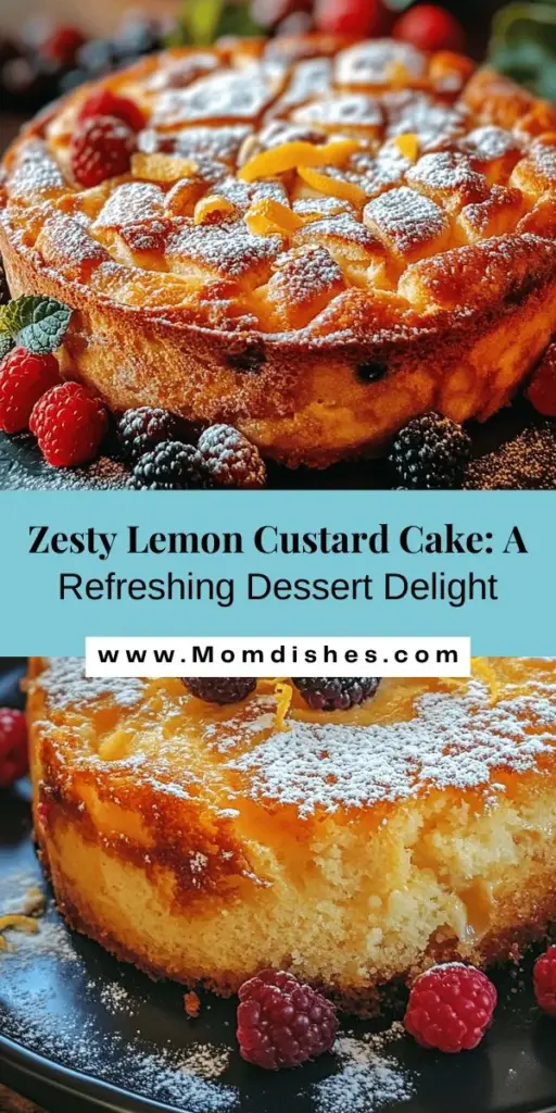 Discover the ultimate refreshing dessert with this Zesty Lemon Custard Cake! Bursting with bright, tangy lemon flavor and a creamy custard layer, this cake will elevate any gathering. Perfect for summer parties or cozy afternoons, it's both visually stunning and delightful in taste. Top it with fresh berries or a dusting of powdered sugar for an added touch. Try your hand at this easy recipe and bring sunshine to your dessert table! #LemonCake #Baking #DessertRecipes #CitrusDelight #HomemadeGoodness