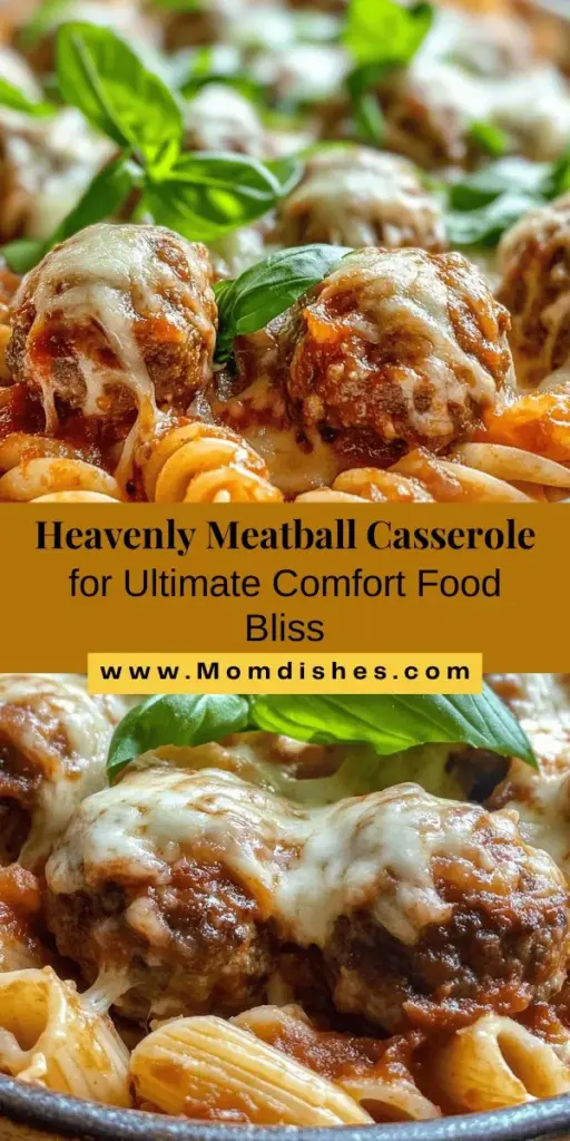 Indulge in the warm, comforting flavors of Heavenly Meatball Casserole! This delightful dish combines savory meatballs, gooey cheese, and hearty pasta smothered in rich marinara sauce, creating a family favorite perfect for any occasion. Plus, it's adaptable for various dietary needs! Gather around the table and enjoy this easy, satisfying meal that promises smiles all around. #Casserole #ComfortFood #MeatballCasserole #FamilyDinner #EasyRecipes #Foodie #HomeCooking