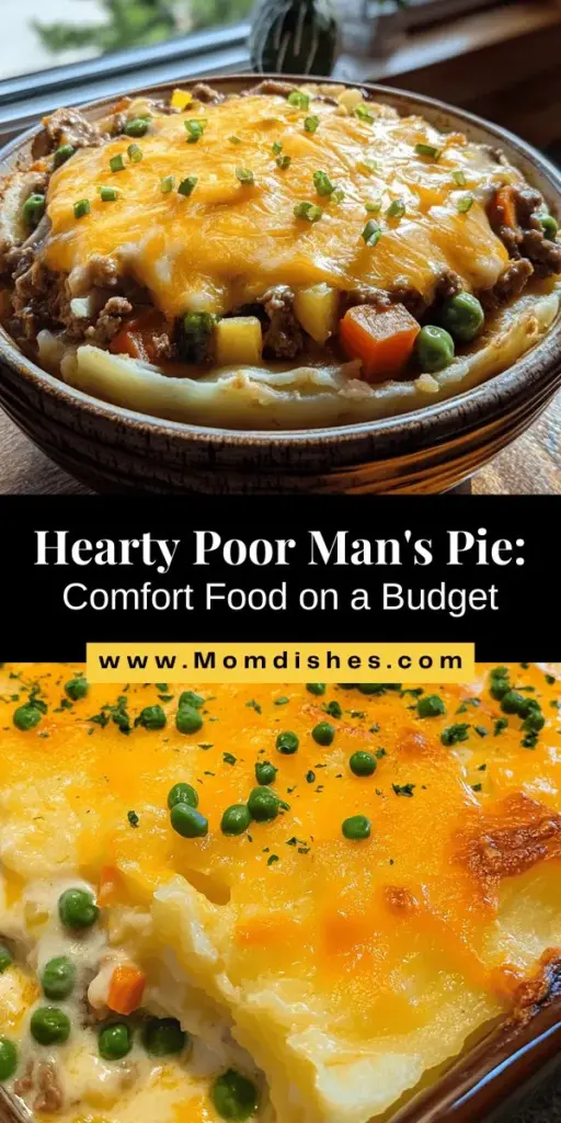 Discover the heartwarming goodness of Poor Man's Pie, a timeless comfort food that proves delicious meals don't have to be expensive. This adaptable dish features a savory filling of ground meat, mixed vegetables, and creamy mashed potatoes, making it perfect for any occasion. Easy to customize for dietary preferences, Poor Man's Pie is a staple that brings families and friends together. Try this classic recipe tonight! #ComfortFood #PoorMansPie #HomeCooking #EasyRecipes #FamilyMeals