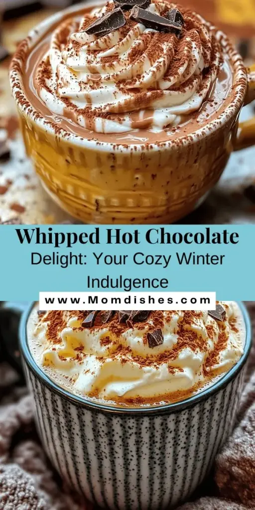 Warm up your winter with this indulgent Whipped Hot Chocolate Delight! This luxurious twist on the classic drink features a rich hot chocolate base topped with a fluffy whipped chocolate layer, creating a multi-dimensional flavor experience. It's perfect for cozy nights, festive gatherings, or any special occasion. Impress your loved ones or treat yourself with every heavenly sip. Discover the simple recipe and enjoy a taste of comfort! #WhippedHotChocolate #ChocolateLovers #ComfortFood #WinterDrinks #HolidayRecipes