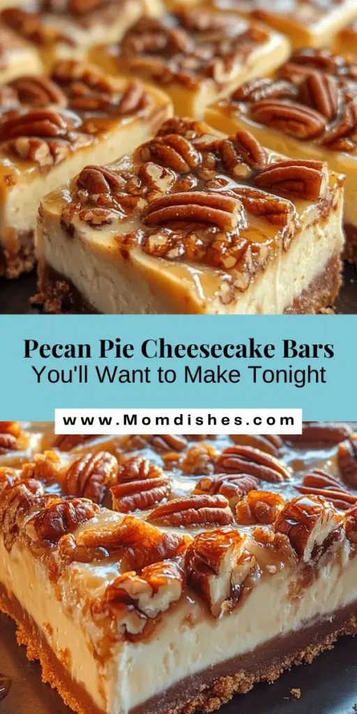 Indulge in the delightful fusion of flavors with Pecan Pie Cheesecake Bars! These bars combine the creamy goodness of traditional cheesecake with the sweet, nutty richness of pecan pie. Perfect for gatherings or a sweet treat at home, they're easy to make and sure to impress. With a buttery graham cracker crust, velvety filling, and crunchy pecan topping, this dessert is a must-try. Bake up this heavenly treat today! #PecanPie #CheesecakeBars #DessertLovers #BakingRecipes #SweetTreats