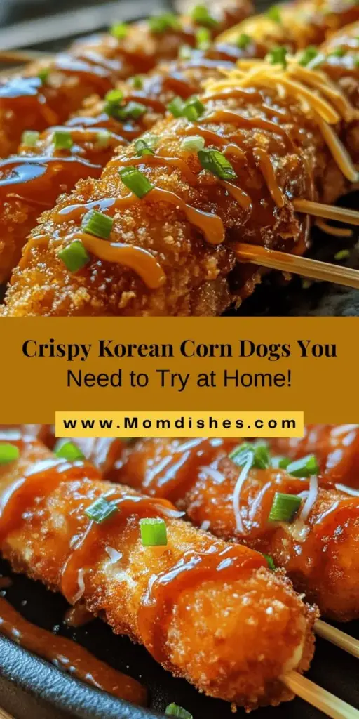 Discover the delicious world of crispy Korean corn dogs! This recipe puts a tasty twist on a classic snack, featuring a light batter and endless topping possibilities. Perfect for impressing friends and family, these corn dogs are easy to make at home. Enjoy them with sweet chili sauce, spicy mayo, or your favorite dips. Get ready for a fun cooking adventure that brings the flavors of Korea to your kitchen! #KoreanCornDogs #SnackRecipe #CookingAtHome #FoodieFun #StreetFood