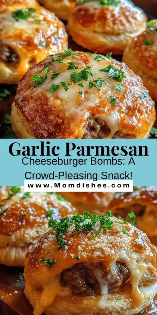 Discover the scrumptious world of Garlic Parmesan Cheeseburger Bombs! These bite-sized delights combine savory ground beef and gooey cheeses wrapped in buttery biscuit dough, making them the perfect finger food for any occasion. Ideal for game days, parties, or casual dinners, these customizable treats cater to all tastes. Elevate your next gathering with this fun twist on classic cheeseburgers! #CheeseburgerBombs #FingerFood #PartyRecipes #Foodie #Appetizers