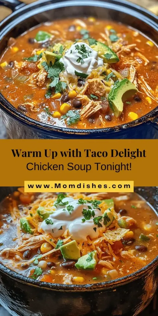 Warm up with Taco Delight Chicken Soup, a comforting fusion of taco flavors in a delicious soup! This quick recipe combines shredded rotisserie chicken, black beans, corn, and zesty tomatoes, perfect for busy weeknights. Simmer and indulge in every spoonful of this hearty dish, complete with optional toppings like avocado and cheese. Enjoy a taste of nostalgia with a modern twist! #SoupSeason #ComfortFood #TacoDelight #QuickRecipes #HomemadeSoup #FamilyDinner