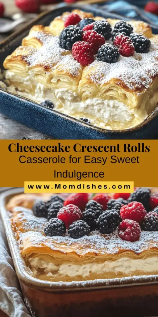 Indulge in the delicious Cheesecake Crescent Rolls Casserole, a fun twist on a classic dessert that's both easy to make and irresistible! This creamy, layered cake combines the rich flavors of cheesecake with flaky crescent roll dough for a delightful treat perfect for any occasion. Impress your guests and satisfy your sweet cravings with this quick recipe. Get inspired and make it today! #Cheesecake #CrescentRolls #DessertRecipes #BakingFun #EasyRecipes #SweetTreats