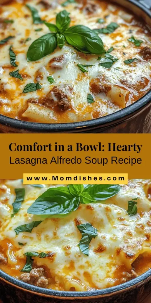 Warm up your day with this comforting Hearty Lasagna Alfredo Soup! A delicious twist on the classic lasagna, this creamy soup combines ground beef or Italian sausage with the rich flavors of melty cheeses, fresh tomatoes, and aromatic herbs. Easy to make, it's perfect for cozy dinners or lunch! Discover variations for dietary needs and enjoy the ultimate comfort dish all year round. #LasagnaSoup #ComfortFood #CreamySoup #HeartyMeals #RecipeIdeas #FoodieFavorites #Homemade