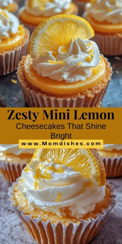 Indulge in the refreshing taste of Zesty Mini Lemon Cheesecakes! These delightful treats combine creamy texture with a vibrant lemon flavor, perfect for any gathering or sweet craving. With their charming bite-sized portions, they're great for sharing and sampling multiple flavors. Easy to make ahead, you'll impress guests with these pretty desserts that are sure to brighten any occasion. Try your hand at this delicious recipe today! #MiniCheesecakes #LemonDessert #BakingJoy #DessertIdeas