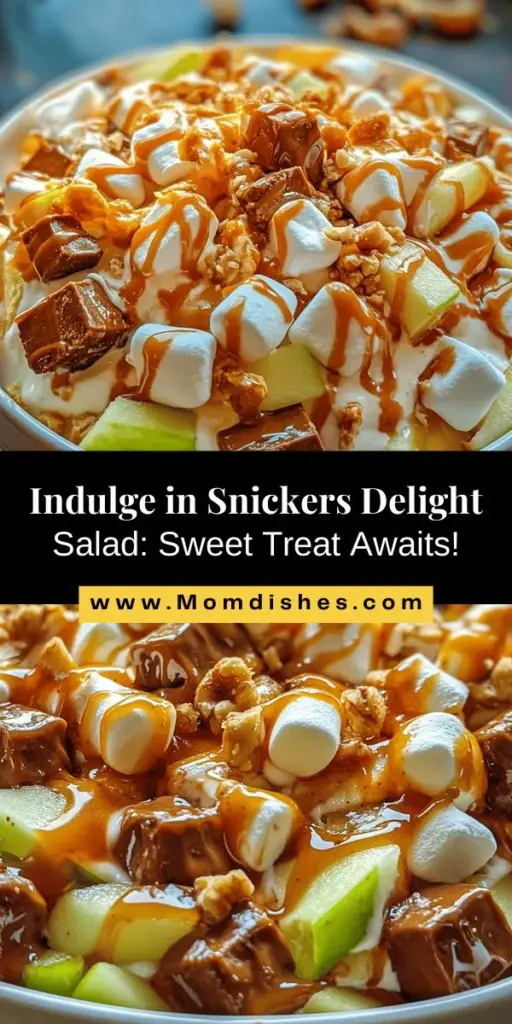 Discover the deliciously indulgent Snickers Delight Salad - a fun twist on traditional salads that tastes like a dessert! Combining crispy apples, creamy dressing, and Snickers bars, this sweet treat is perfect for potlucks, barbecues, or simply satisfying your sweet tooth at home. Easy to make and sure to impress, it's a must-try recipe that everyone will love. Elevate your gatherings with this unique dish today! #SnickersDelightSalad #SweetTreat #EasyRecipes #PotluckFavorites #DessertSalad