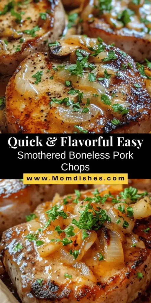 Discover the ultimate weeknight meal with this Easy Smothered Boneless Pork Chops recipe! In just 30 minutes, you can create tender, juicy pork chops drenched in a savory, creamy sauce that your family will love. With minimal ingredients and simple steps, dinner will be a breeze. Perfect for busy evenings, this comforting dish pairs wonderfully with mashed potatoes or steamed veggies. Try it tonight! #PorkChops #EasyRecipe #ComfortFood #DinnerIdeas #QuickMeals #Foodie