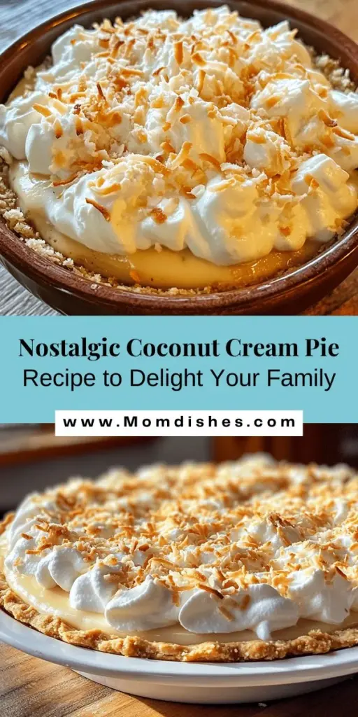 Experience the nostalgic comfort of Grandma's Dreamy Coconut Cream Pie. This delightful treat features a rich, creamy filling, a flaky crust, and a cloud of whipped cream, making it the perfect dessert for family gatherings or summer picnics. Crafted with love and simple ingredients, each slice offers a taste of tradition and warmth. Create sweet memories with this timeless recipe! #CoconutCreamPie #HomemadeDesserts #FamilyTraditions #Baking #SweetTreats #Nostalgia