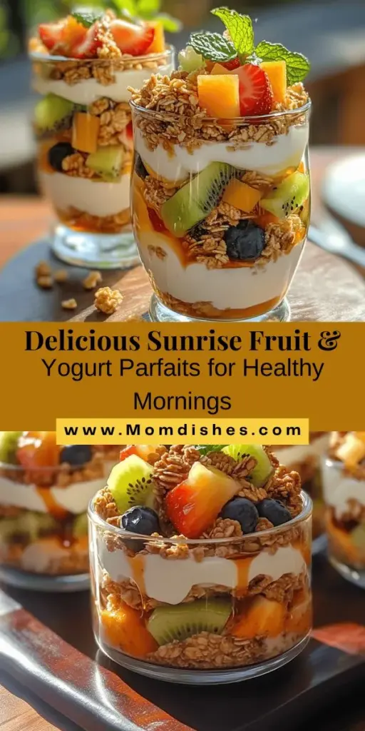 Start your day with a burst of flavor and nutrition with Sunrise Fruit & Yogurt Parfaits! These vibrant layers of creamy Greek yogurt, fresh fruits like strawberries and blueberries, and crunchy granola create a deliciously healthy breakfast. Ideal for any diet, these parfaits are easy to customize with honey and mint for added flavor. Perfect for busy mornings or brunch gatherings, they’re as beautiful as they are satisfying. #HealthyBreakfast #YogurtParfait #Nutrition #Foodie #BrunchIdeas #RecipeInspiration