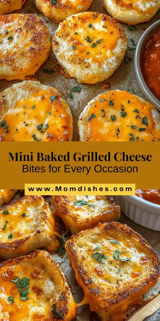 Savor the ultimate snack with mini baked grilled cheese bites! These bite-sized delights are easy to customize and perfect for any occasion. Kids and adults alike will love the warm, gooey cheese between crispy bread. Whether served as party appetizers or a cozy treat at home, these bites are sure to impress. Experiment with different cheeses and breads for a unique twist. Get ready to take your snacking to the next level! #GrilledCheese #SnackTime #PartyFood #ComfortFood #HomemadeSnacks