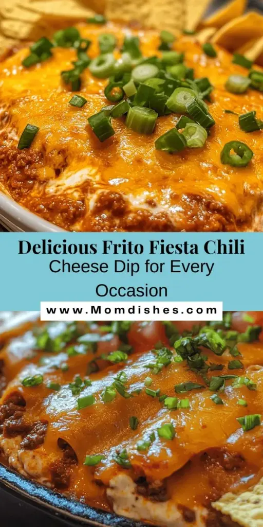 Get ready to impress your guests with Frito Fiesta Chili Cheese Dip! This creamy and cheesy delight combines canned chili, cream cheese, cheddar, and fresh toppings, creating a bold flavor profile perfect for any gathering. Easy to make, this dip is a crowd favorite at parties, game days, and family get-togethers. Serve it warm with Fritos for the ultimate crunchy experience. Make your next event memorable with this sharing dish! #ChiliCheeseDip #GameDaySnacks #PartyFood #EasyRecipes #Appetizers