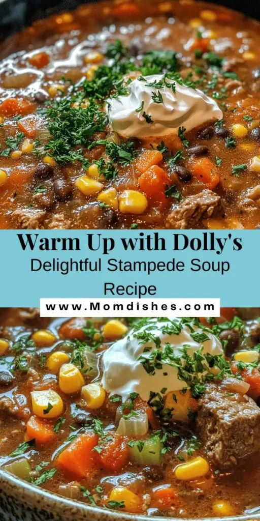 Warm up this season with Dolly's Delightful Stampede Soup, a hearty comfort food perfect for chilly days. Packed with ground beef or turkey, fresh veggies, and flavorful spices, this one-pot wonder is both nourishing and delicious. It's versatile, easy to make, and sure to satisfy! Gather your loved ones and enjoy the warmth of homemade soup together. Try it today and discover your new favorite recipe! #ComfortFood #SoupRecipes #HomeCooking #HealthyEating #FallRecipes #WarmAndCozy