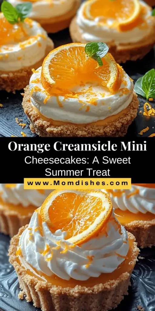 Discover the joy of making Orange Creamsicle Mini Cheesecakes, a delightful blend of creamy cheesecake and refreshing citrus flavors that evoke childhood summers. Perfect for any occasion, these bite-sized treats feature a crunchy graham cracker crust and a luscious orange filling. Easy to make and visually stunning, they’re sure to impress your guests! Try this recipe today for a sweet and nostalgic dessert experience. #MiniCheesecakes #DessertRecipe #BakingFun #CitrusDelight #YummyTreats #CheesecakeLovers #PartyDesserts