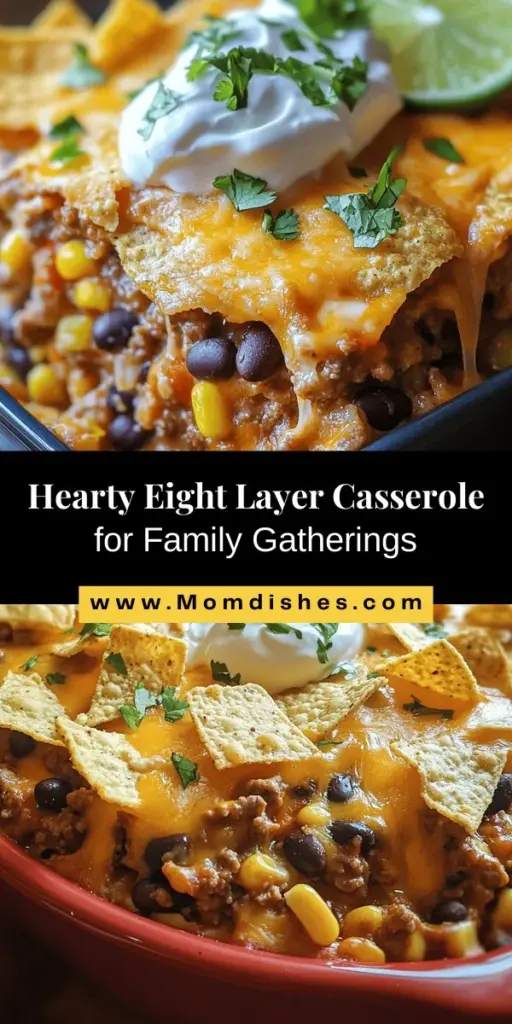 Discover the joy of cooking with the Eight Layer Casserole—a delicious and hearty dish perfect for any occasion! This layered delight combines savory ground beef, vibrant vegetables, and crunchy tortilla chips, all topped with melty cheese. It's not only easy to make but also customizable with seasonal ingredients, making it a great way to use what you have on hand. Bring the family together around this satisfying meal! #Casserole #ComfortFood #FamilyDinner #EasyRecipes #HeartyMeals #LayeredCasserole #Foodie