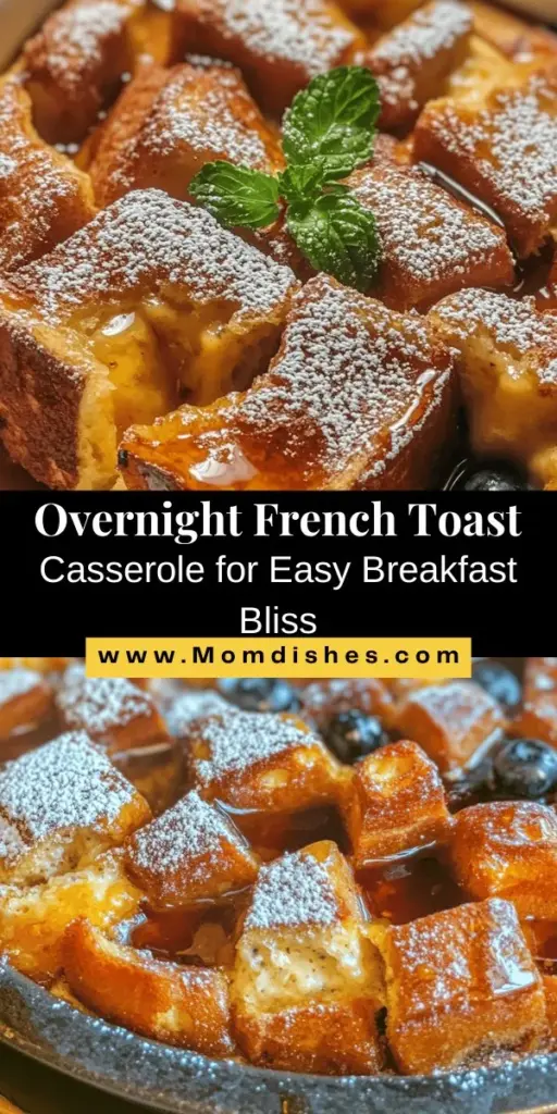 Start your day with the delicious Dreamy Overnight French Toast Casserole! This easy-to-make dish combines the soft sweetness of brioche with a rich custard, juicy blueberries, and warm spices, all baked to golden perfection. Perfect for brunches or holiday gatherings, you can prep it the night before for a stress-free morning. Serve it warm with a sprinkle of powdered sugar and maple syrup for a delightful treat! #FrenchToast #BreakfastCasserole #BrunchIdeas #BlueberryRecipes #EasyCooking #HolidayBrunch