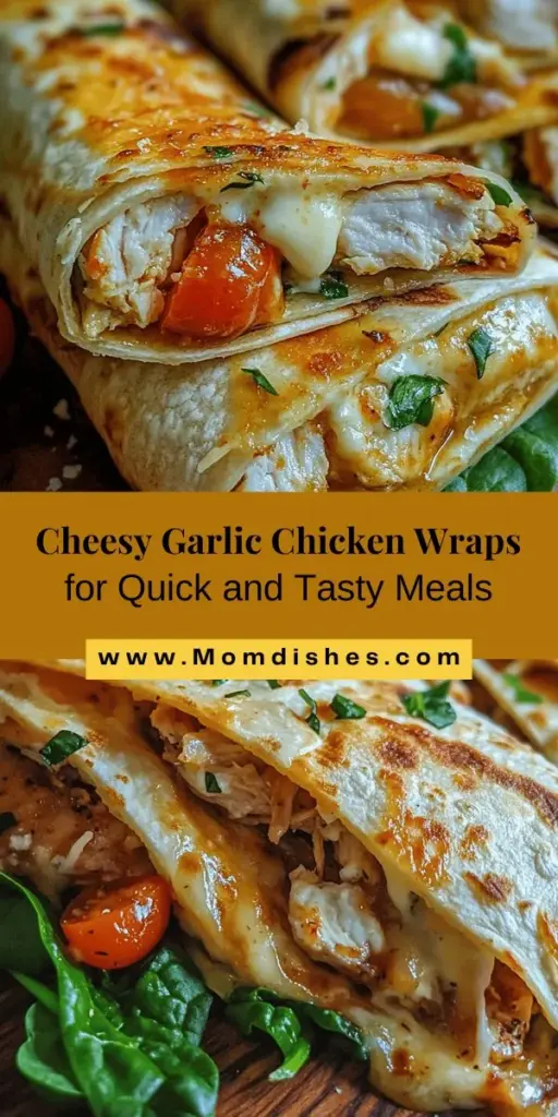 Discover the ultimate comfort food with these Cheesy Garlic Chicken Wraps! This easy recipe combines shredded chicken, creamy mozzarella, and rich cream cheese, all wrapped in a soft tortilla. Perfect for lunch, dinner, or entertaining, you can customize the ingredients to fit your taste. With fresh spinach and cherry tomatoes for a nutritious touch, these wraps are not only delicious but also visually appealing. Get ready to impress your family and friends with this mouthwatering dish!