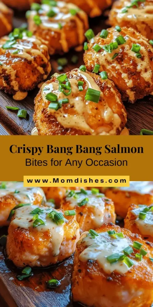 Discover the irresistible Bang Bang Salmon Bites! This flavorful recipe combines crispy salmon with a creamy, spicy sauce for a perfect appetizer or main dish. Packed with omega-3s and essential nutrients, these bites are as healthy as they are delicious. Perfect for gatherings or family dinners, serve them with a side of greens and your favorite beverage. Elevate your cooking with this vibrant dish! #BangBangSalmonBites #HealthyEating #SeafoodRecipes #Appetizers #DinnerIdeas