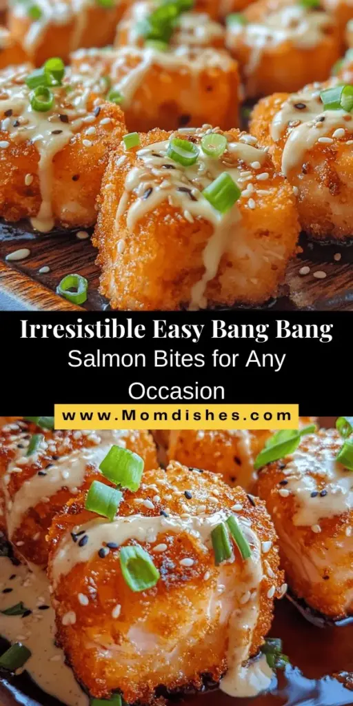 Elevate your appetizer game with these Easy Bang Bang Salmon Bites! Crunchy on the outside, tender on the inside, and served with a creamy, spicy bang bang sauce, they're perfect for any gathering. Quick to prepare and customizable for spice levels, these bites are as nutritious as they are delicious. Try this fresh take on a flavorful classic that will leave your guests wanting more! #BangBangSalmon #Appetizers #HealthyEating #SeafoodLovers #PartyFood #EasyRecipes #SalmonBites