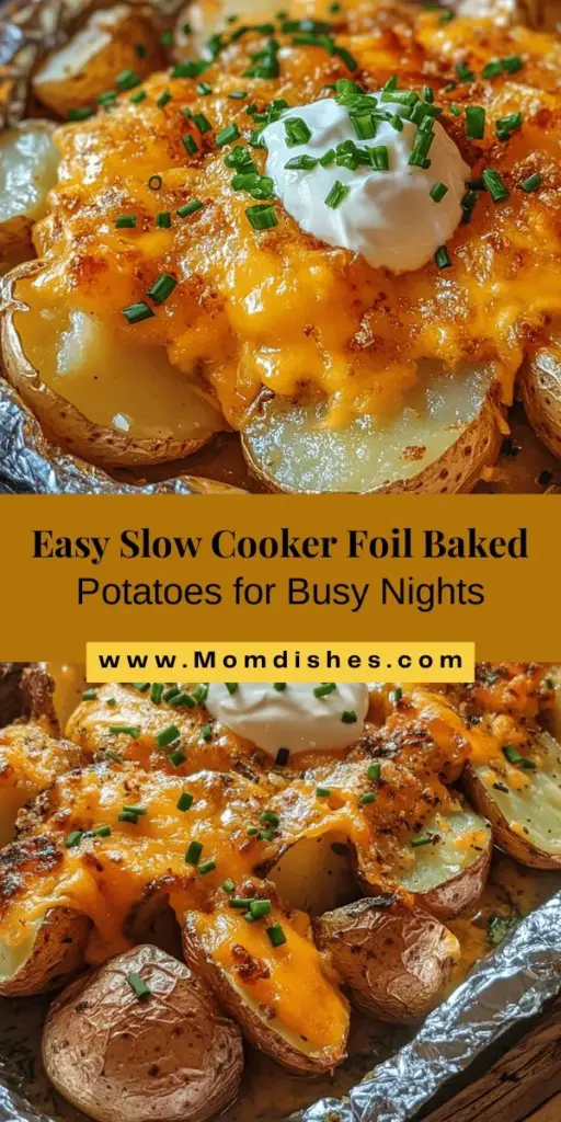 Discover the deliciousness of Slow Cooker Foil Baked Potatoes Delight! This easy-to-make side dish combines fluffy, seasoned potatoes with the convenience of a slow cooker, perfect for busy nights or gatherings. With just a few simple ingredients, you’ll create a comforting dish that will impress family and friends. Serve them topped with cheese, sour cream, or fresh herbs for an unforgettable meal! #SlowCooker #BakedPotatoes #ComfortFood #EasyRecipes #SideDish #MealPrep