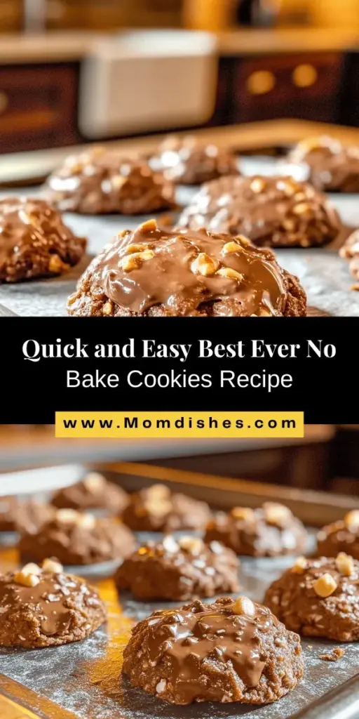 Discover the joy of making the Best Ever No Bake Cookies! This quick recipe combines rich chocolate, creamy peanut butter, and hearty oats for a delicious treat without the need for an oven. Perfect for busy days or warm summer evenings, these cookies are not only simple to make but customizable to suit any taste. Indulge your sweet tooth with this nostalgic favorite that's sure to impress family and friends! #NoBakeCookies #DessertRecipes #EasyBaking #ChocolateLovers #SweetTreats #QuickDesserts