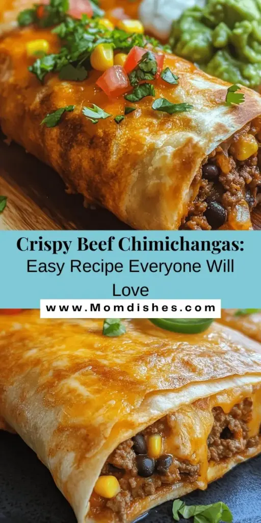 Discover the deliciousness of crispy beef chimichangas with this easy recipe perfect for any occasion! These deep-fried burritos are filled with seasoned ground beef, black beans, sweet corn, and melted cheddar cheese, all enveloped in a golden, crispy tortilla. Ideal for dinner or as an appetizer, you can customize them with your favorite toppings like guacamole and salsa. Enjoy the rich flavors of Tex-Mex cuisine right at home and impress your family and friends!