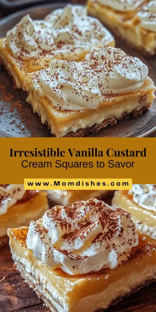 Vanilla Custard Cream Squares are a decadent dessert that combines a buttery, crumbly base with a rich, velvety vanilla custard filling. This recipe is perfect for both novice and experienced bakers, guiding you through the steps of creating a delightful treat. With high-quality ingredients and careful preparation, you’ll enjoy a creamy dessert that can be served warm or chilled, making it ideal for any occasion. Don’t miss the chance to impress your friends and family with this elegant delight!