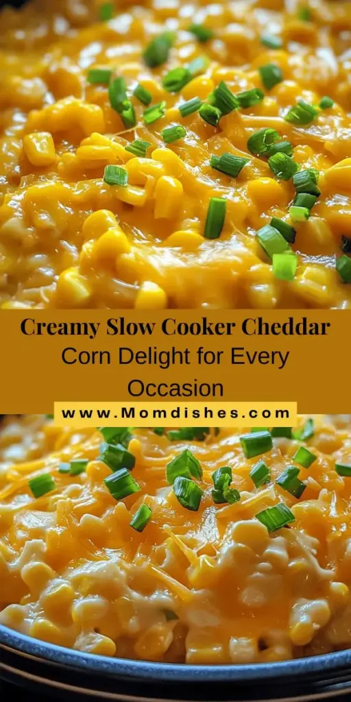 Discover the deliciousness of Slow Cooker Cheddar Corn Delight, a creamy and savory side dish perfect for family dinners, potlucks, and holidays. This effortless recipe combines sweet corn, sharp cheddar, and rich creaminess, all while utilizing the slow cooker for convenience. Simply mix the ingredients, set the timer, and let the flavors meld together. With options for customization and pairing, this dish is sure to impress everyone at your table!