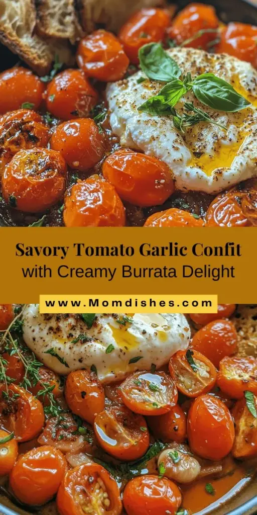 Discover the deliciousness of Tomato Garlic Confit with Burrata, a true Mediterranean delight! This roasted cherry tomato and garlic dish brings rich flavors and a creamy texture that's perfect as a starter or topping for crusty bread. Elevate your meals effortlessly with this simple recipe that highlights fresh ingredients. Pair it with a light white wine for an unforgettable dining experience! #TomatoGarlicConfit #Burrata #MediterraneanCuisine #FoodieDelight #SimpleRecipes