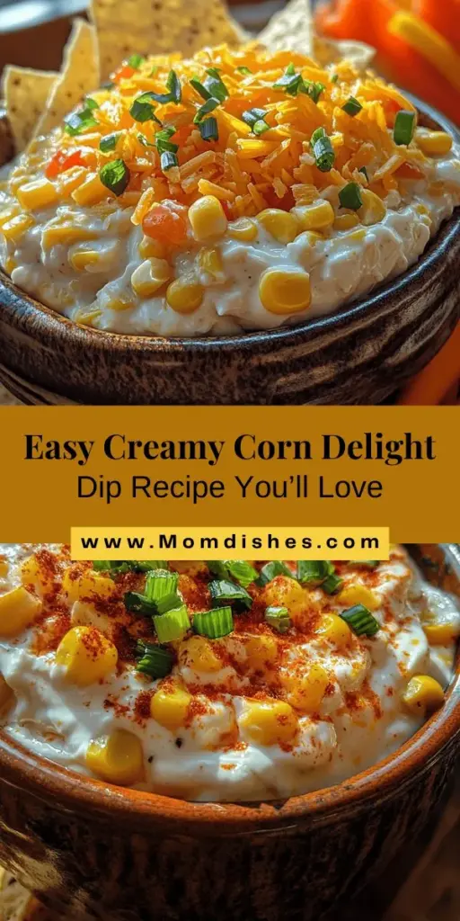 Looking for an irresistible appetizer? Try Creamy Corn Delight Dip! This easy-to-make recipe blends sweet corn, creamy goodness, and flavor-packed ingredients like cream cheese and cheddar—perfect for chips or veggies. Ideal for game nights or family gatherings, it's a versatile dish that will impress your guests. Get ready to savor every bite! Check out the full recipe and tips for serving. #CornDip #Appetizer #PartyFood #GameDaySnacks #CreamyDip #EasyRecipes