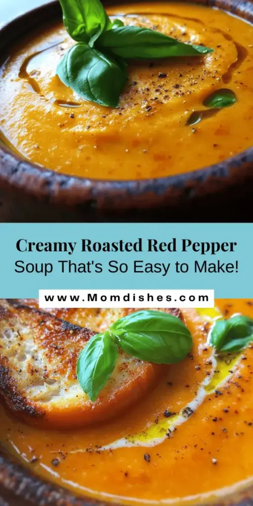 Dive into the comforting world of Easy Creamy Roasted Red Pepper Soup! This vibrant dish blends the sweetness of roasted red peppers with aromatic spices and a touch of creaminess. Perfect for any season, it’s easy to prepare and caters to various dietary needs. Elevate your meal with delicious sides like crusty bread or grilled cheese. Enjoy the health benefits of red peppers, garlic, and onion while savoring every spoonful. #SoupRecipes #ComfortFood #HealthyEating #RoastedRedPepperSoup #EasyRecipes