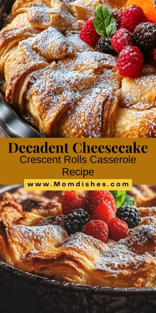 Discover the deliciousness of Cheesecake Crescent Rolls Casserole, a delightful dish that combines the rich flavors of cheesecake with the flaky goodness of crescent rolls. Perfect for brunch, family gatherings, or any sweet occasion, this easy recipe is simple enough for novice bakers yet impressive enough to wow your guests. The creamy filling can be customized with fresh fruits or spices, making it a versatile treat. Dive into the comforting blend of textures and flavors that this casserole offers!