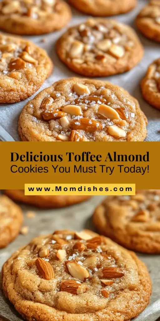 Discover the joy of baking with these mouthwatering Toffee Almond Cookies! This recipe blends buttery dough, sweet toffee bits, and crunchy almonds for a delightful treat that will impress everyone. Experience the magic of fresh-baked cookies filling your kitchen with nostalgia and love. Perfect for any occasion or simply to indulge your sweet cravings, these cookies are sure to become a favorite. Join this baking adventure today! #ToffeeAlmondCookies #BakingJoy #CookieRecipe #SweetTreats #DessertIdeas #HomeBaking #CookieLove