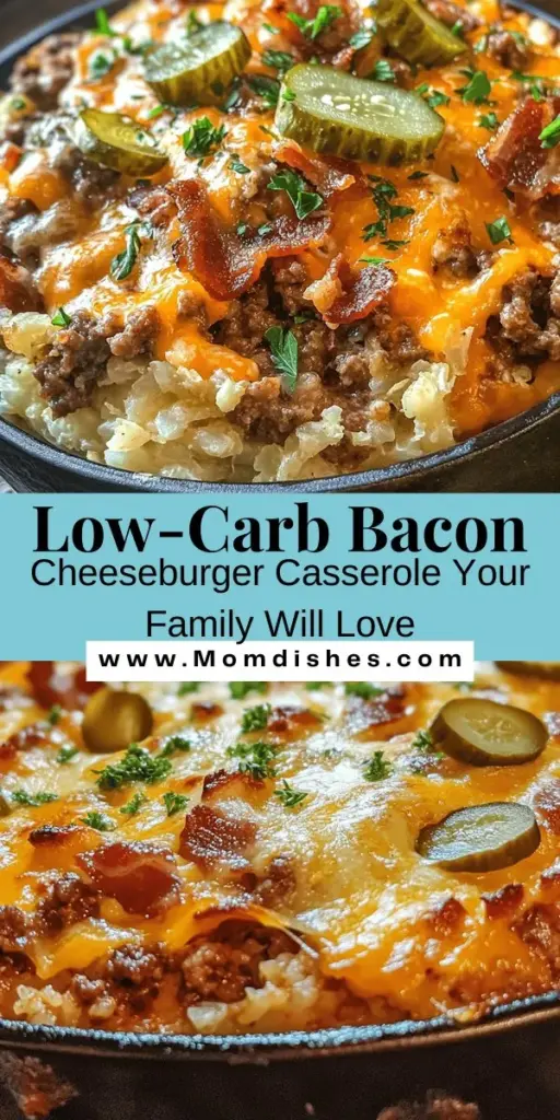 Discover the delicious Low-Carb Bacon Cheeseburger Casserole, a perfect family-friendly meal that brings the classic flavors of a cheeseburger into a hearty, easy-to-make dish. This casserole combines ground beef, crispy bacon, and creamy cheeses with cauliflower rice for a low-carb twist. Ideal for busy nights, it's nutritious and customizable for various tastes. Enjoy a satisfying meal that everyone will love while sticking to your low-carb goals!