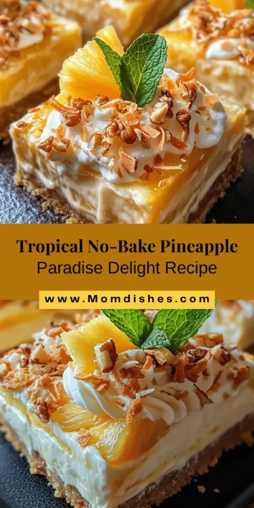 Experience a taste of the tropics with the Pineapple Paradise Delight, a luscious no-bake dessert that's perfect for summer gatherings. With layers of creamy goodness, fresh pineapple, and coconut, this treat is both refreshingly indulgent and easy to prepare. Ideal for barbecues or beach parties, this dessert impresses with vibrant flavors and a simple graham cracker crust. Enjoy a slice of paradise that’s sure to delight your guests!