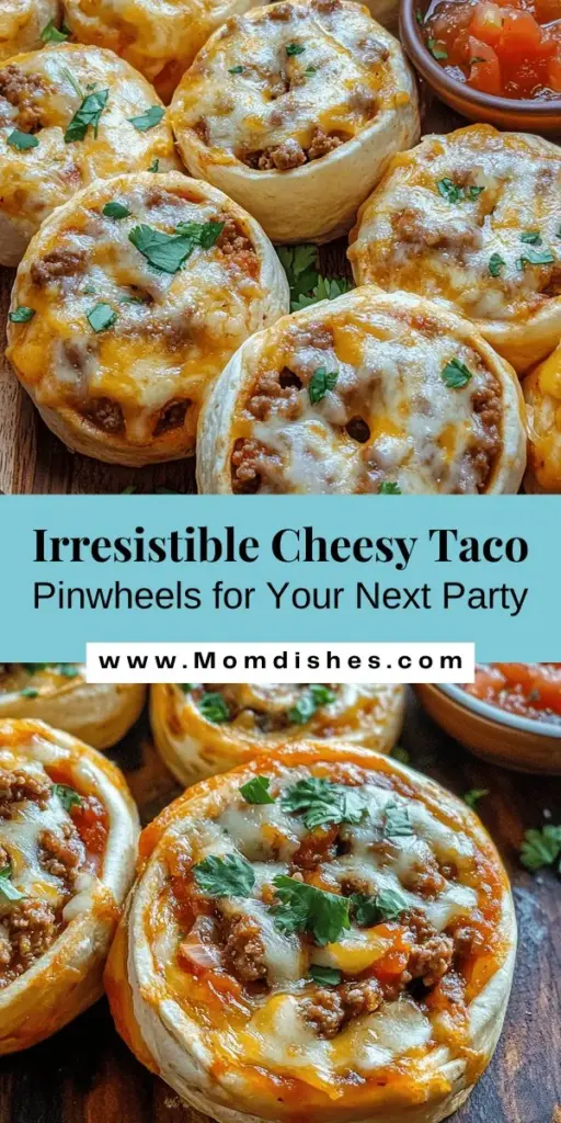 Discover the perfect appetizer with Cheesy Taco Pinwheels! These delicious bite-sized treats combine creamy cheese and bold taco flavors, making them ideal for any occasion. Easy to prepare and customizable, you can use beef, chicken, or veggies to suit your guests' tastes. Serve with salsa or guacamole for a delightful experience. Perfect for parties, game days, or family gatherings! #TacoTuesday #FingerFood #Appetizers #PartySnacks #CheesyTacoPinwheels