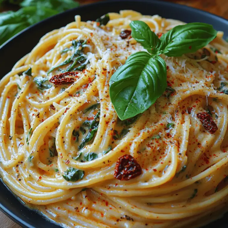 If you're seeking a quick yet indulgent meal that brings a touch of sophistication to your dining table, look no further than Creamy Spinach & Sun-Dried Tomato Spaghetti Delight. This delightful dish seamlessly marries the rich, velvety texture of a creamy sauce with the vibrant flavors of fresh spinach and tangy sun-dried tomatoes, creating a pasta experience that is both comforting and luxurious. Ideal for weeknight dinners or special occasions, this vegetarian-friendly meal is as easy to prepare as it is satisfying, making it a go-to recipe for home cooks of all skill levels.