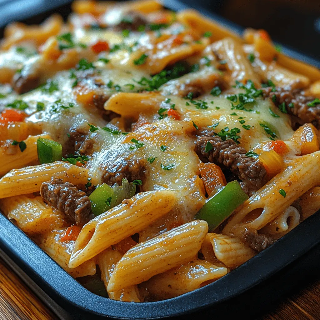The foundation of our Philly Cheesesteak Pasta Bake starts with penne pasta. This tubular pasta is not only easy to cook but also a perfect vessel for holding on to the rich sauces and flavors of the dish. Its ridged surface allows the creamy cheese and savory beef to cling to it, ensuring each bite is filled with a burst of flavor. While penne is the traditional choice, feel free to experiment with other pasta shapes, such as rotini or rigatoni, for added texture.