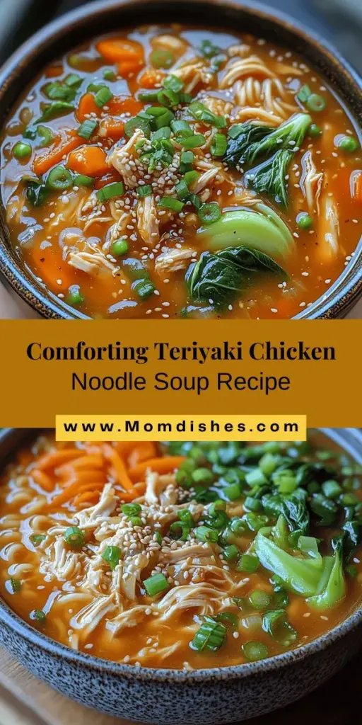 Discover the comforting warmth of Savory Teriyaki Chicken Noodle Soup, a delightful blend of tender chicken, vibrant vegetables, and a rich, flavorful broth. This nutritious dish is perfect for any occasion, offering a harmonious balance of sweet and savory flavors that will soothe your soul. Packed with lean protein and essential vitamins, it's easy to make and customize with your favorite ingredients. Enjoy a bowl that truly feels like a warm hug!