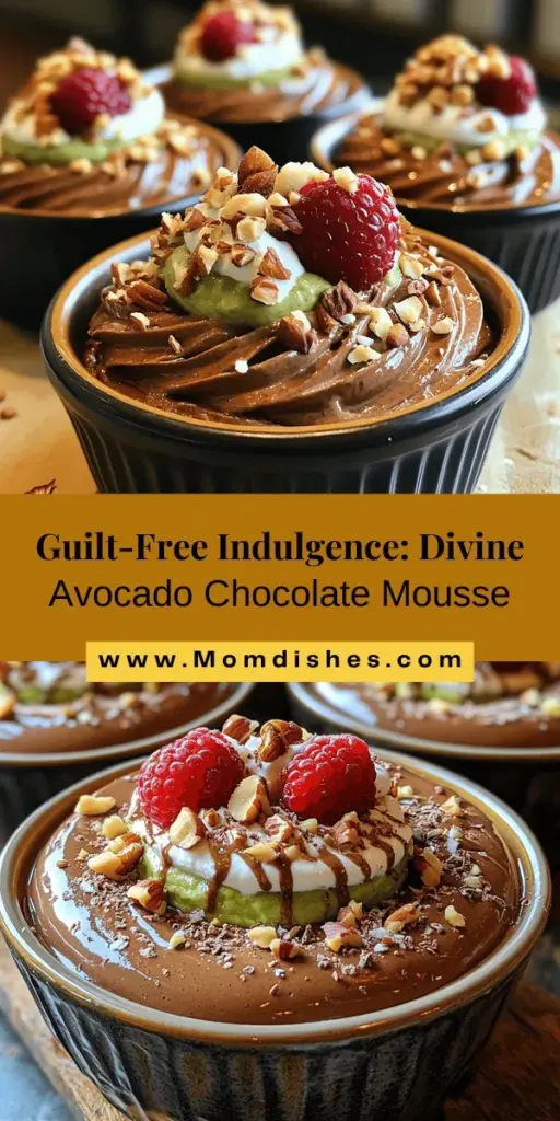 Discover a guilt-free indulgence with Divine Avocado Chocolate Mousse! This rich, creamy dessert combines the health benefits of avocados with decadent chocolate for a luxurious treat that’s easy to make. Packed with healthy fats, fiber, and essential nutrients, it's a perfect dessert for any occasion. With minimal ingredients and simple steps, it's accessible for everyone, from beginners to experienced cooks. Enjoy a dessert that aligns with your health goals while delighting your taste buds!