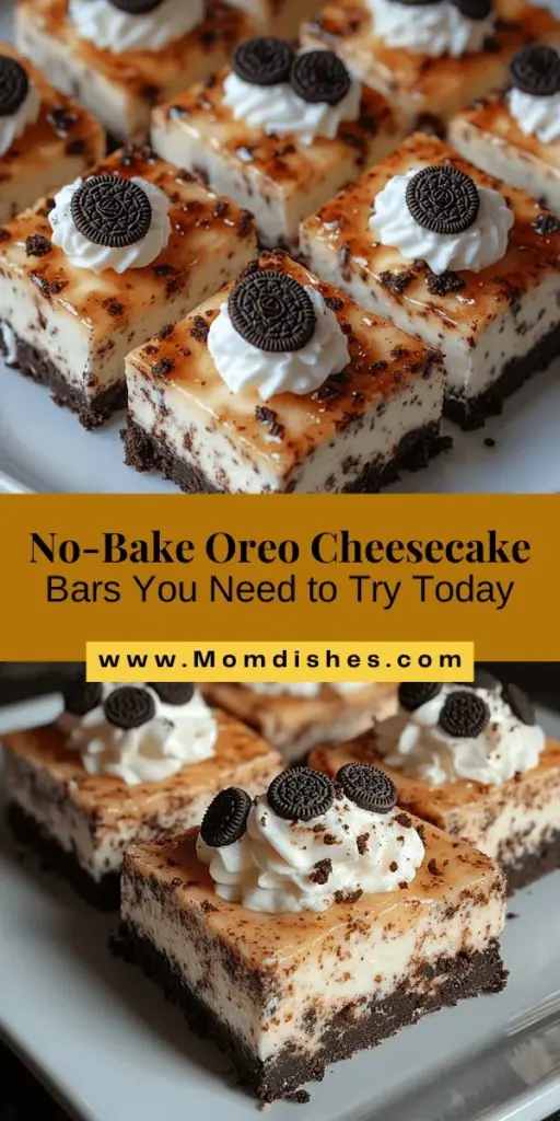 Indulge in the rich, creamy goodness of Dreamy No-Bake Oreo Cheesecake Bars! Perfect for any occasion, these bars blend the iconic crunch of Oreo cookies with a velvety cheesecake filling, offering a deliciously satisfying dessert without the need for an oven. With minimal preparation and a few simple ingredients, you can create a stunning treat that will impress your guests and satisfy your sweet cravings. Perfect for gatherings, or a delightful personal indulgence, these no-bake bars are sure to become a favorite!
