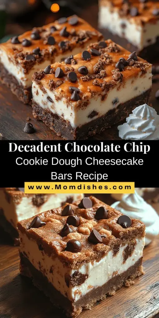 Satisfy your sweet tooth with Chocolate Chip Cookie Dough Cheesecake Bars, a delicious blend of creamy cheesecake and chewy cookie dough. This indulgent dessert features a cookie dough base topped with a rich cheesecake layer, making it a crowd-pleaser for any occasion. Easy to prepare and perfect for gatherings, these bars offer a delightful mix of flavors and textures that will impress your guests. Elevate your dessert table and create memorable moments with this irresistible treat!